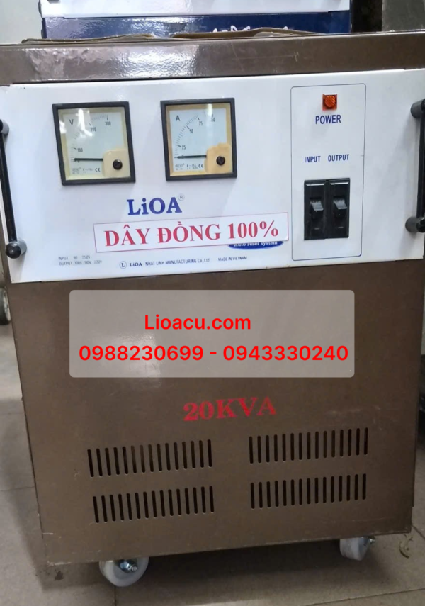 Ổn áp Lioa 1 pha 20kVA (Đã qua sử dụng, lõi dây đồng 100%, có bánh xe di chuyển)